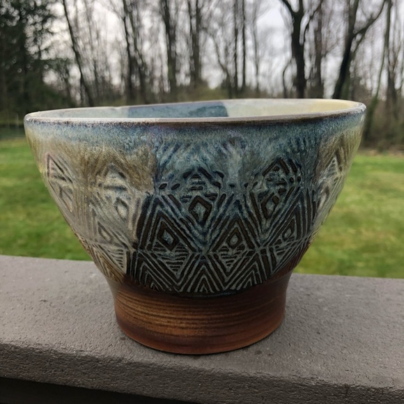 Vintage Pottery Craft Bowl - USA - Textured Geometric Design - Blue Brown Tan - Picture 2 of 10